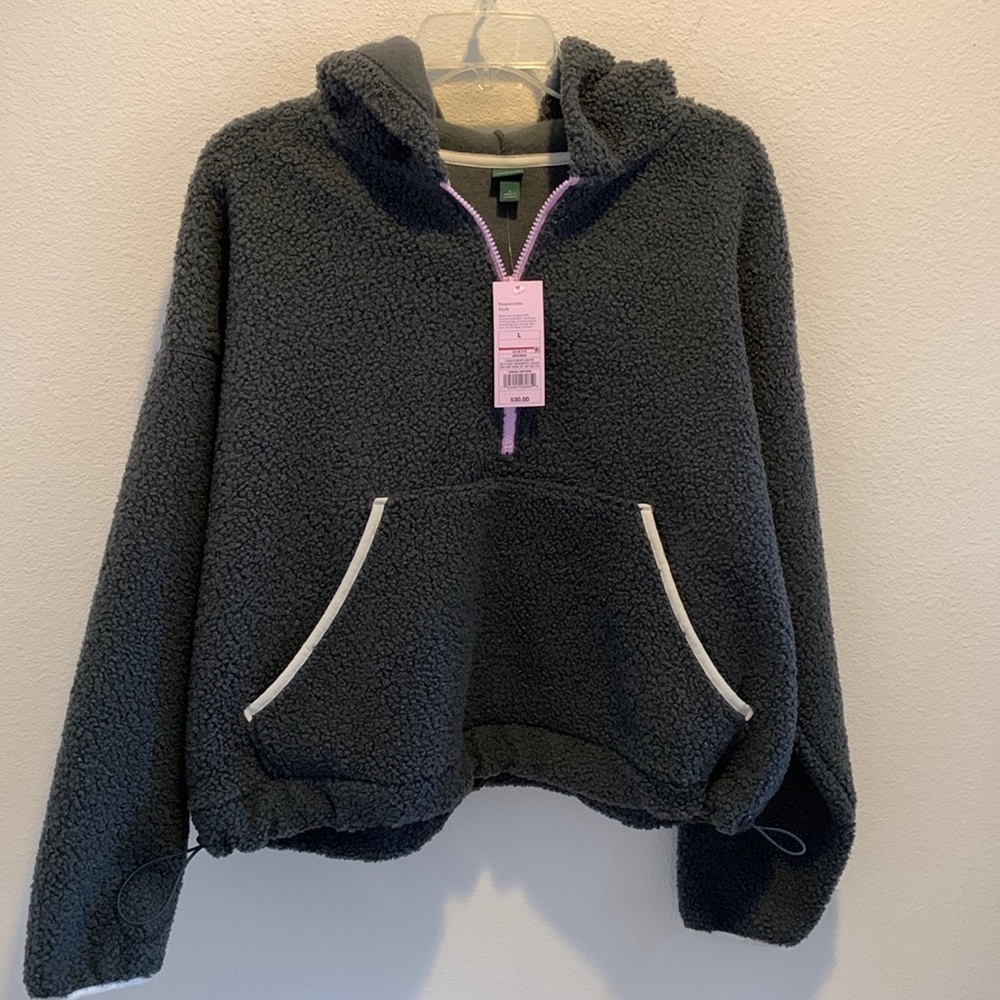 NWT L  Womens Fleece Hoodie/Quarter Zip/Gray/Pink zipper&mint sleeve&pocket trim